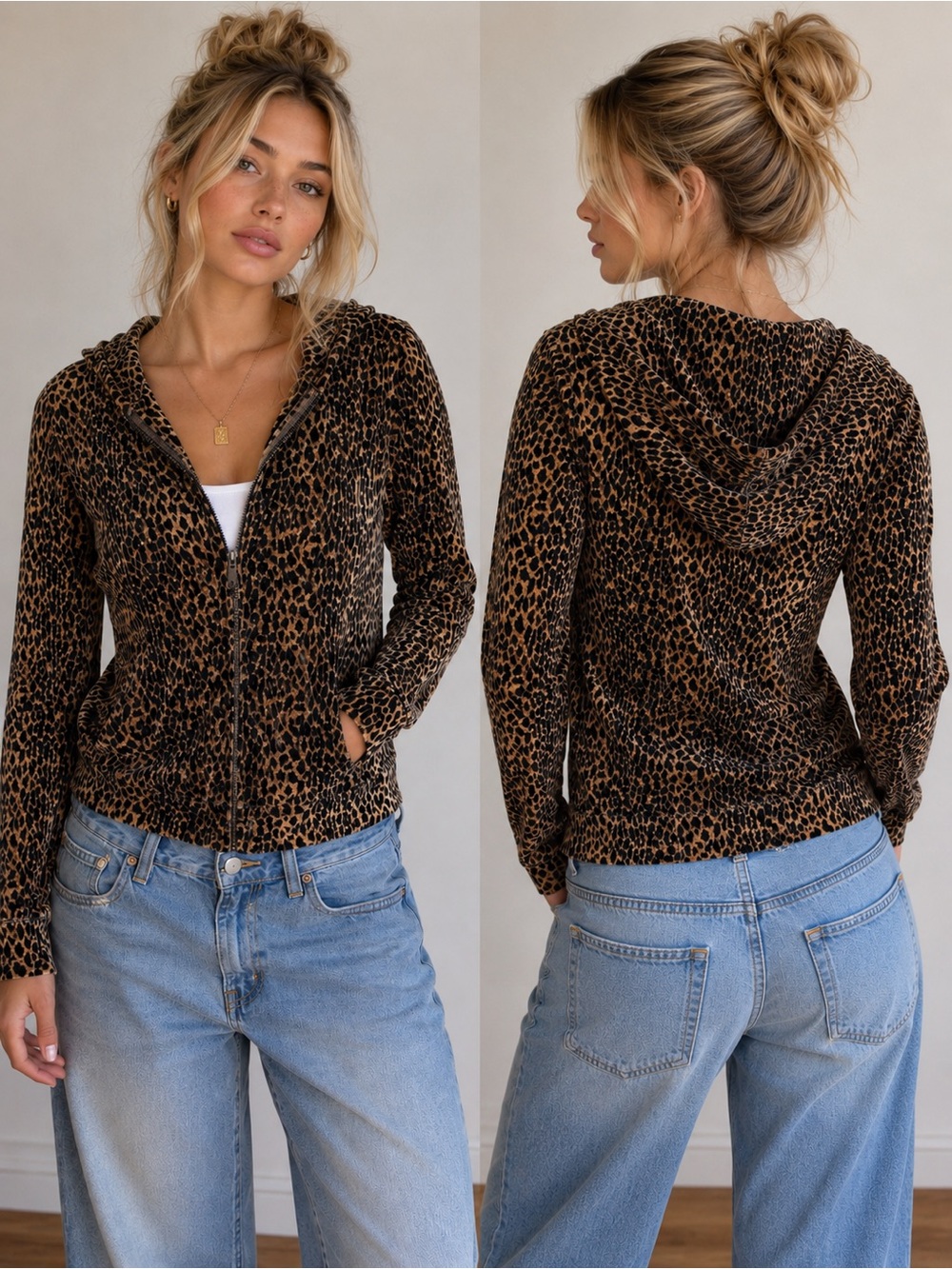 Vintage Y2K Jones New York Sport Leopard Velour Zip Hoodie Cheetah Athleisure S